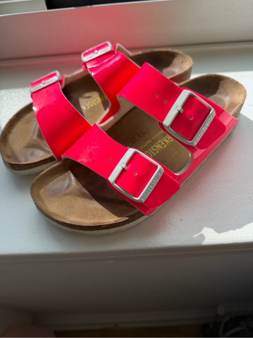 Birkenstock Neon Hot Pink Patent Arizona Sandals Size 37